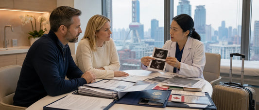 Canadian couple reviewing fertility treatment delays and global fertility options with a fertility specialist during a confidential IVF pathway assessment.