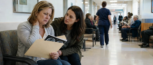 Canadian patient and family reviewing medical records with a doctor while exploring healthcare alternatives and global medical options for cross-border medical evaluation.