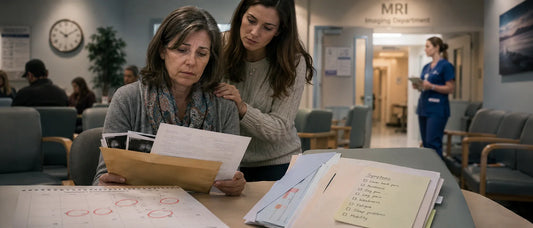 Canadian patient waiting for an MRI scan while reviewing medical records and diagnostic options during MRI wait times in Canada