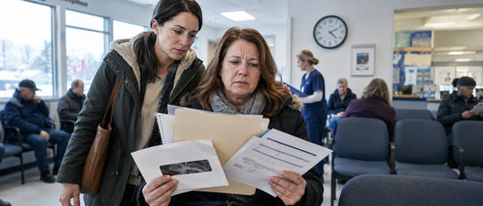 Canadian patient reviewing specialist wait times, medical records, and cross-border medical pathway options for treatment in China