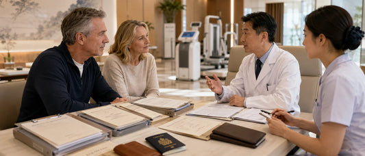 Canadian high-net-worth patients reviewing anti-aging and longevity medicine abroad through preventive health records, biological age assessment, and cross-border longevity health pathway planning.