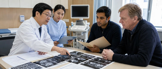 Canadian patients reviewing medical records for medical treatment in China and cross-border healthcare pathway evaluation.