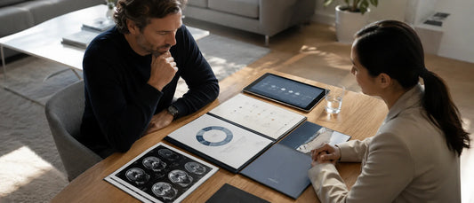 French patient reviewing structured international medical case evaluation documents with healthcare consultant discussing treatment options abroad
