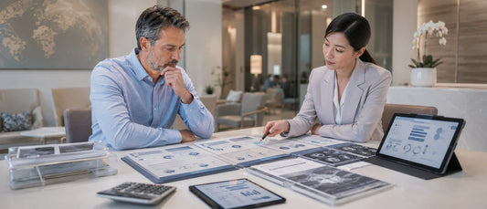 French patient reviewing structured treatment cost comparison documents and medical estimate materials in a premium international healthcare planning setting in China.