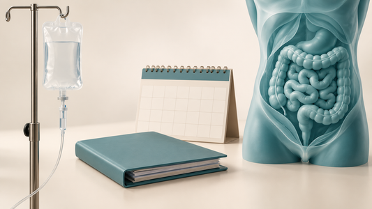 Conceptillustratie van infuus, behandelplanning en een abstract buikmodel