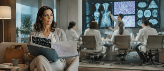 Italian cancer patient holding medical records while a multidisciplinary oncology team reviews her case in a modern Chinese hospital