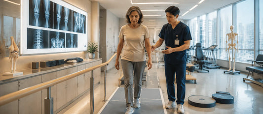 Italian patient undergoing orthopedic mobility assessment in a modern Chinese hospital with joint imaging and rehabilitation cues