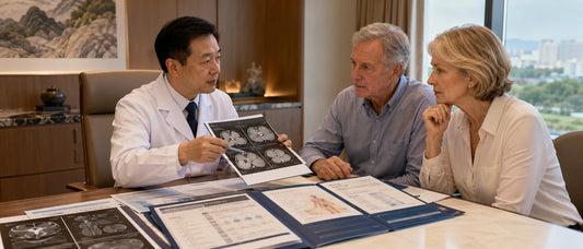 UK premium health screening patient reviewing personalised China preventive care pathway and health records with a British clinician