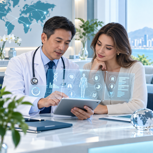 Chinese physician reviewing clinical screening needs with an international client