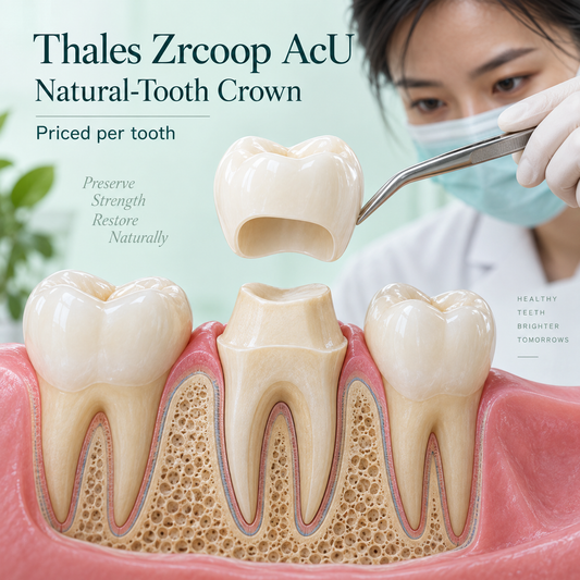 Ceramic crown above a prepared natural molar with its own roots retained. Educational illustration.