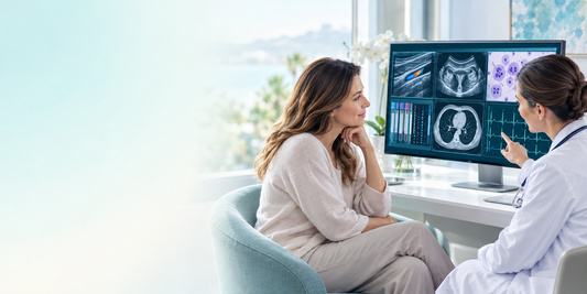 Advanced women’s screening consultation with reserved copy space and coordinated ultrasound, cervical, laboratory, chest CT and ECG displays