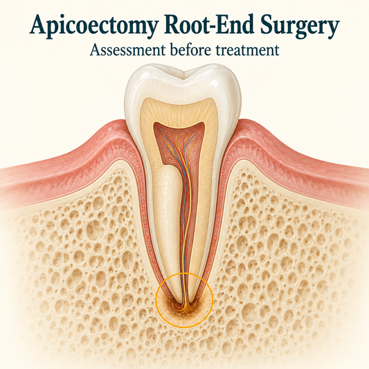 Root-end surgery targets the apex of a retainable tooth. Educational illustration.