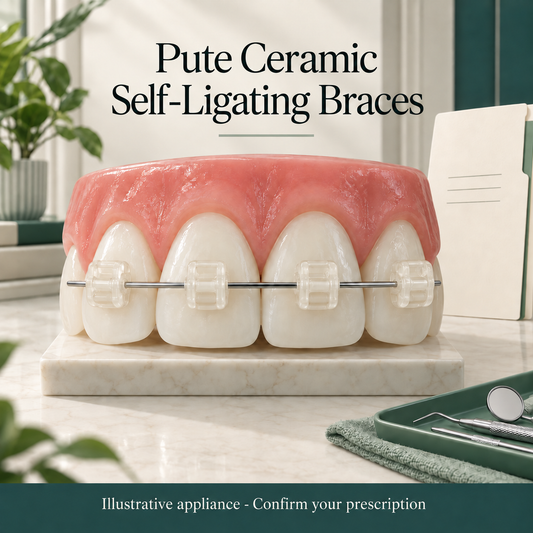 Large teaching upper dental arch with translucent tooth-coloured ceramic brackets centered on OUTER tooth faces, one slim metal archwire with a visible built-in self-ligating door and no elastic ties. Educational illustration.