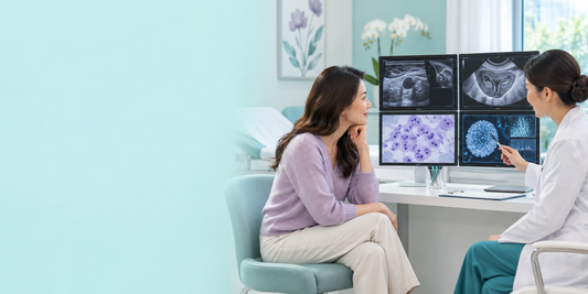 Breast and cervical screening consultation with reserved copy space and coordinated ultrasound and cervical-test displays