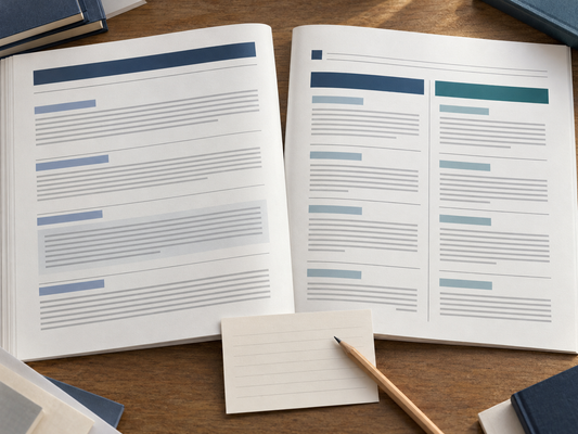 AI illustration of research papers and a comparison worksheet for evidence-based clinical learning.