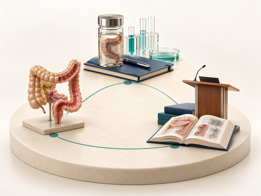 Conceptual AI illustration of clinical practice, research and teaching as distinct professional roles.
