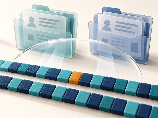 Conceptual AI illustration linking a molecular variant teaching model with follow-up records.