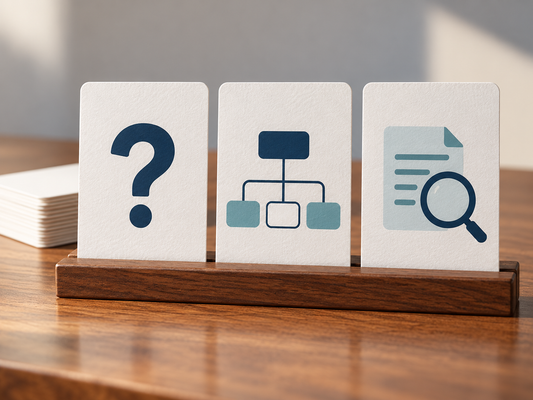 AI illustration of a research question, study design and evidence-review planning sequence.