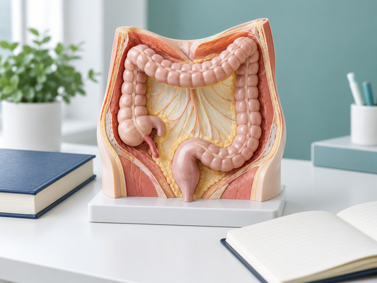 AI educational illustration of a colorectal and abdominal lining teaching model beside study materials.