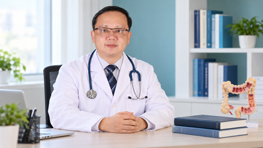 AI educational illustration of professor. Portrait scenes are based on Professor Hui Wang; not actual clinical photographs.