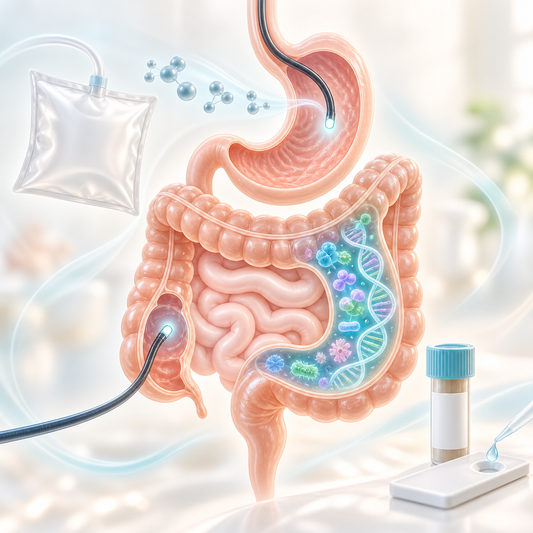 Warm medical visualization of gastroscopy colonoscopy breath testing sample analysis and gut microbiome