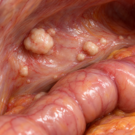AI-generated educational illustration: Visible tumour deposits. Not a real patient, scan or treating team.