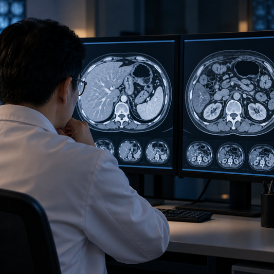 AI-generated educational illustration: Review disease extent. Not a real patient, scan or identified medical team.