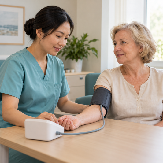 Illustrative preoperative check with a Chinese nurse measuring a Western patient's blood pressure.
