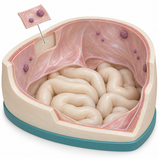 Simplified abdominal model showing a removable patch of involved peritoneal lining.