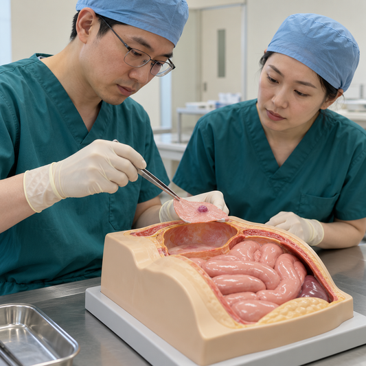 Chinese clinicians demonstrate removal of an involved surface segment on an artificial abdominal model.