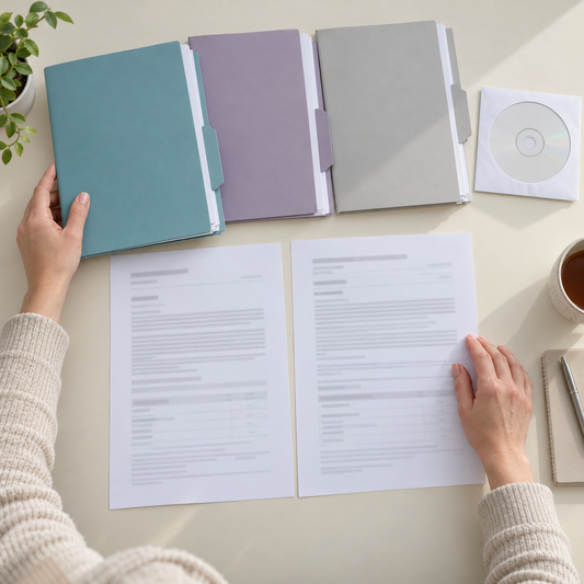 Organising anonymous medical records, an imaging disc and paired document copies for review and translation.