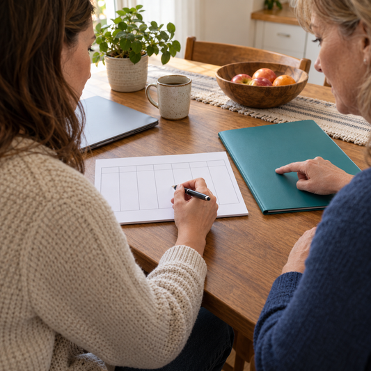 A patient and family member organising a blank follow-up planner and care folder at home.
