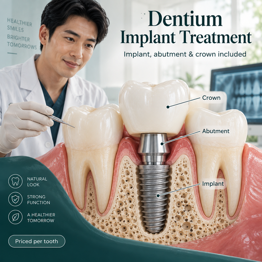 Dentium implant treatment illustrated with the implant, abutment and crown, priced per tooth.