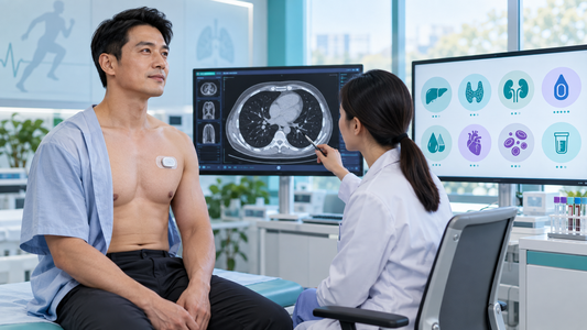 Metabolic laboratory profile with non-contrast chest CT and ambulatory ECG for men