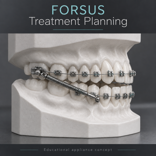 FORSUS-style auxiliary concept on a fixed-braces teaching cast. Educational illustration.