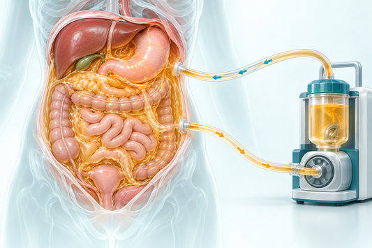 AI-generated educational illustration: Schematic of chemotherapy fluid circulating in the abdominal cavity through two external tubes.