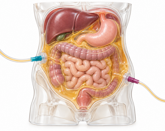 AI-generated educational illustration: Schematic teaching model illustrating chemotherapy fluid within the abdominal cavity.