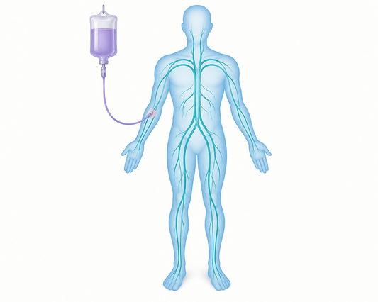 AI-generated educational illustration: Conceptual silhouette showing intravenous treatment entering systemic circulation.
