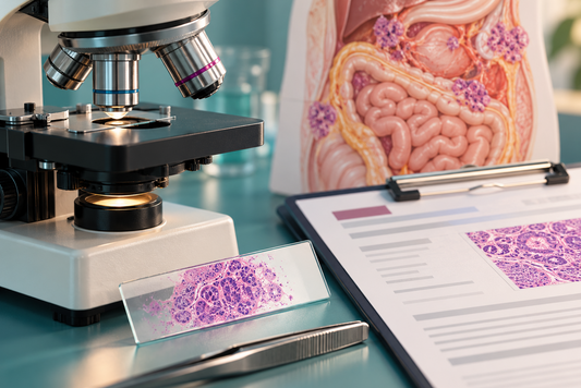 AI educational illustration: Microscope, sample slide and anonymous pathology report representing diagnosis review.