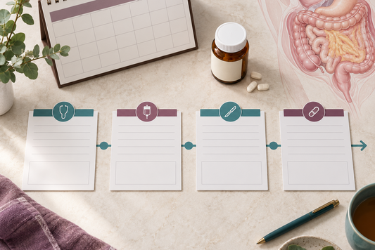 AI educational illustration: Timeline cards and medicines representing prior treatment history.