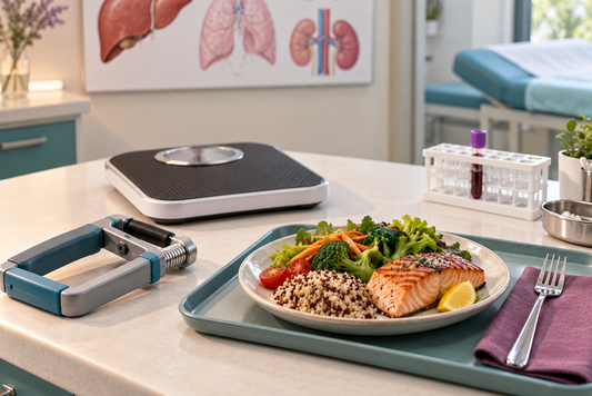 AI educational illustration: Strength and nutritional assessment objects illustrating treatment fitness.