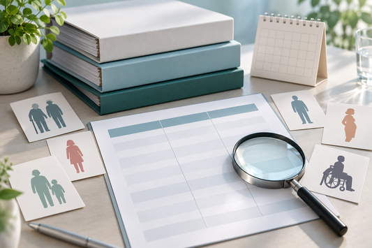AI educational illustration: Research folders and population cards representing limits of clinical evidence.