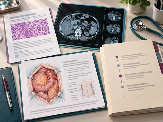 AI educational illustration: Anonymous records prepared for diagnostic review; scans and documents are illustrative.