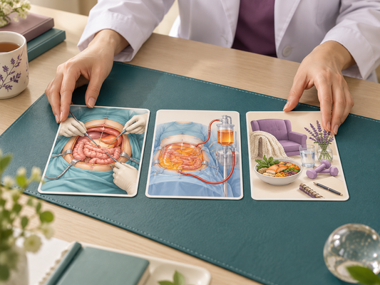 AI educational illustration: Treatment-option cards arranged for a shared discussion.