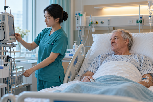 AI educational illustration: Chinese nurse checking bedside monitoring beside a Western patient.
