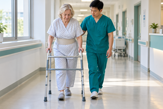 AI educational illustration: Western patient walking with a frame beside a Chinese clinician.