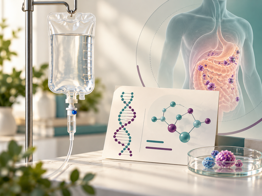 AI educational illustration: Infusion and molecular symbols representing systemic treatment options.