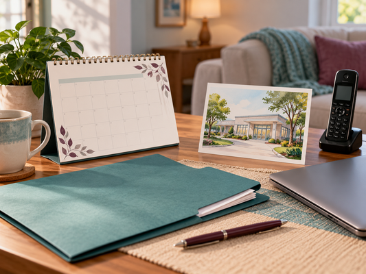 AI educational illustration: Calendar, phone and care folder representing follow-up planning.