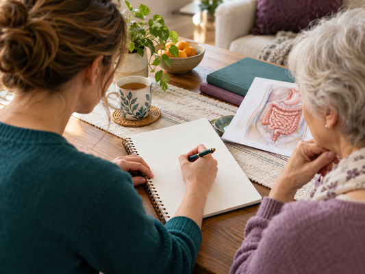 AI educational illustration: Western patient and family member preparing questions at home.