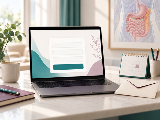 AI educational illustration: Laptop with a generic initial enquiry form, no medical uploads.